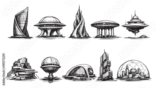 Line art illustration of futuristic buildings, a concept city with various architectural styles. Perfect for designs needing a science fiction or utopian feel.