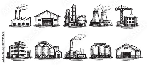 Black and white hand-drawn sketch illustration featuring diverse industrial buildings and structures, ideal for themes like manufacturing, development, architecture, and engineering concepts.