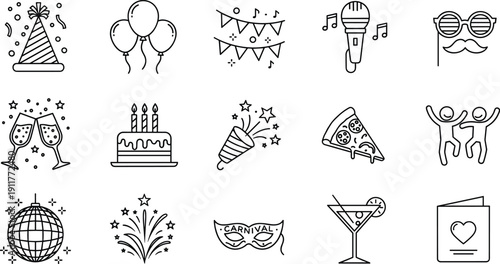 Party celebration icons set, birthday festival decoration symbols, music dance food drinks elements, event entertainment collection, line style vector illustration
