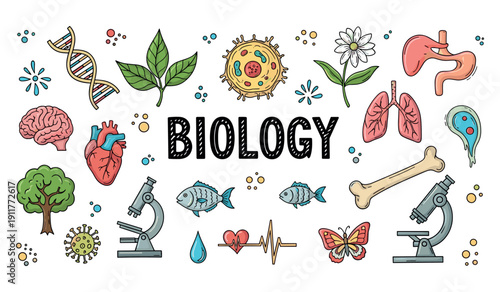 Biology icons: microscope, dna, heart, brain, lungs, nature elements