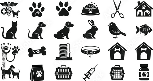 Pet care and veterinary icon set, dog, cat, bird, rabbit symbols, grooming, feeding, shelter, medical treatment, animal welfare, pet shop supplies, vector illustration