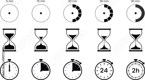 WebTime interval icons illustration, stopwatch and hourglass design, pie chart timer graphic, time management concept, efficiency symbol, productivity motif