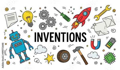 Colorful illustrations of inventions and tools for creativity and innovation