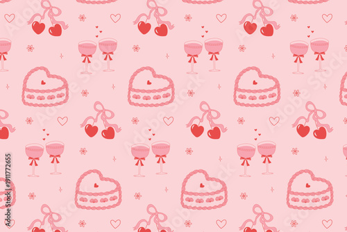 A seamless pattern with heart-shaped cakes, cherries with bows, festive glasses, and hearts. A festive background for weddings, anniversaries, birthdays, and Valentine's Day.