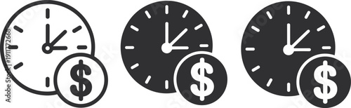 Time is money icon illustration set, financial clock artwork, economic value vector design, productivity symbol pack, black and white graphic collection