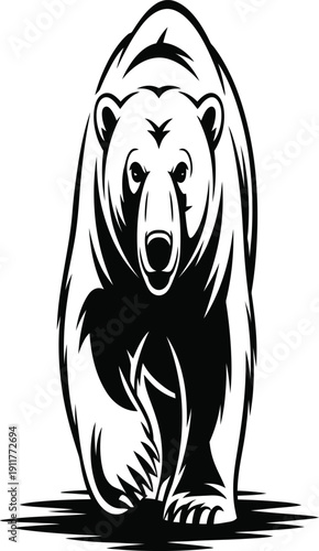 A black and white illustration of a polar bear standing on all fours