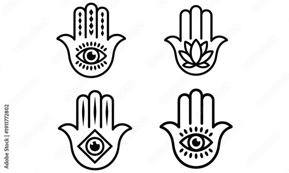 Fototapeta premium Collection of hamsa hand symbols with various designs including eyes and flowers in minimalist style for protection and blessing purposes in different cultures and religions.