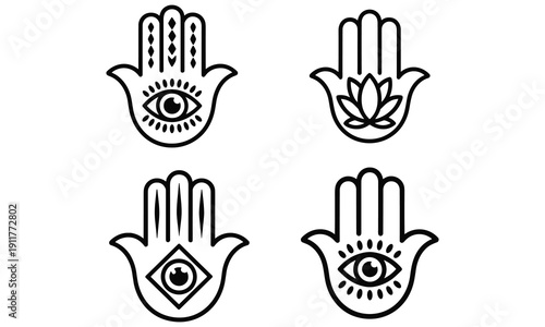 Collection of hamsa hand symbols with various designs including eyes and flowers in minimalist style for protection and blessing purposes in different cultures and religions.