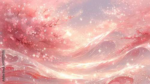 桜の花と柔らかなピンクの流線が交差する春の抽象背景