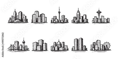 Collection of vector hand-drawn black and white city skyline illustrations. Ideal for travel brochures, urban development reports, or architectural presentations. Minimalist and artistic design.