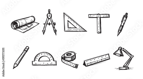 Doodle-style illustration of various engineering and design tools on a white background. Could be used for design, construction or education related content.