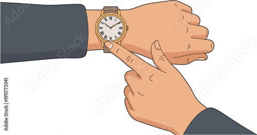 Businessman checking wristwatch for time management, punctuality and deadline concept illustration showing hand pointing at clock in modern flat vector style