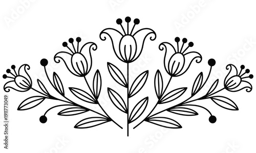 Elegant black floral design with curved stems and leaves on a white background creating a beautiful minimalist illustration perfect for various decorative purposes