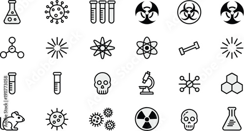 Medical and laboratory science outline icons set with virus, biohazard, atom, microscope, radiation, and chemistry symbols for research and healthcare design