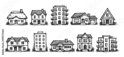 A collection of diverse, hand-drawn houses and apartment buildings. Black and white vector illustration suitable for real estate, architecture, construction, or urban planning themed designs.