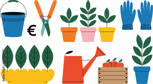 Gardening tools and plants set with watering can, gloves, pruners, flower pots, leaves, and harvest crate, flat vector illustration for garden care and home growing concept