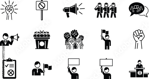 Political protest and activism icons set, demonstration rally voting leadership megaphone fist symbols, minimal black vector illustration for social movement and civic engagement design