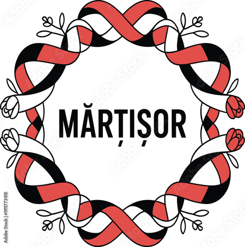 Martisor symbol with red, black and white ribbons and flowers