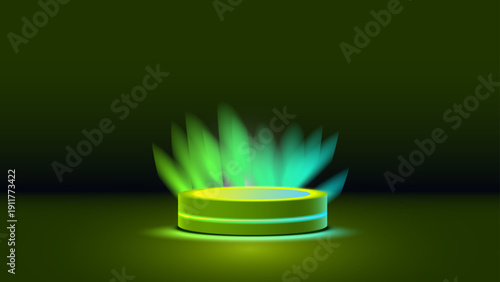 Green futuristic neon podium with glowing light rays on dark background for product presentation