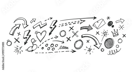 A collection of hand-drawn doodle icons and symbols including arrows, shapes, and decorative elements on a transparent background