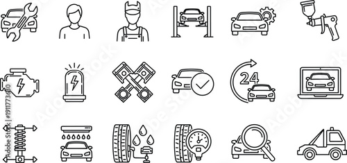 Professional car repair service icons set featuring automotive maintenance, mechanic tools, engine diagnostics, tire pressure, vehicle towing, car wash and garage workshop symbols. (23 words)