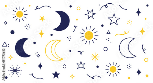 Vector illustration of celestial bodies and stars in yellow and dark blue, isolated on transparent background