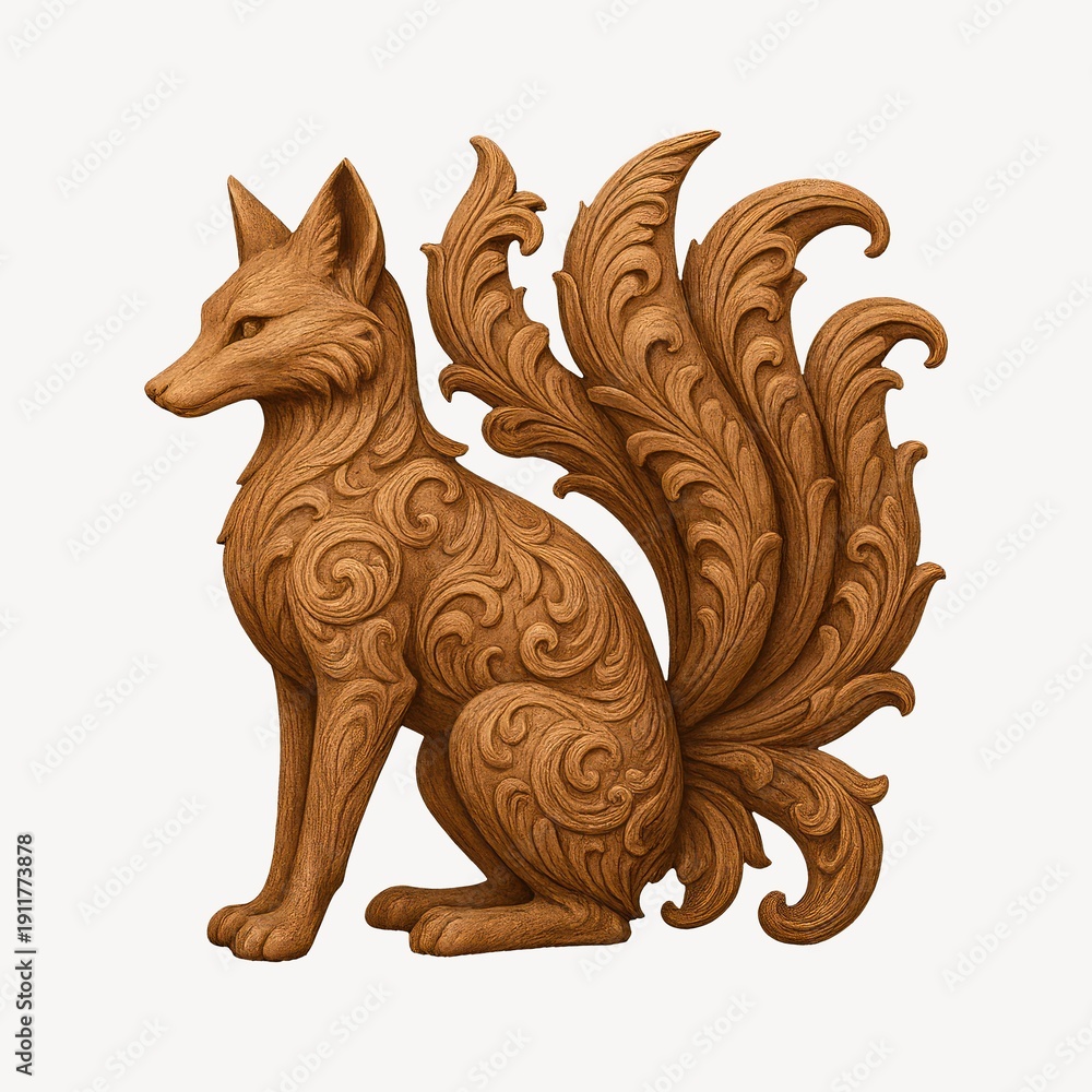 Fototapeta premium Intricate wooden fox sculpture design.