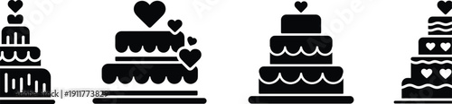 Wedding cake silhouette illustration, tiered dessert design, romantic celebration art, heart decoration graphic, event planning concept, festive pastry motif