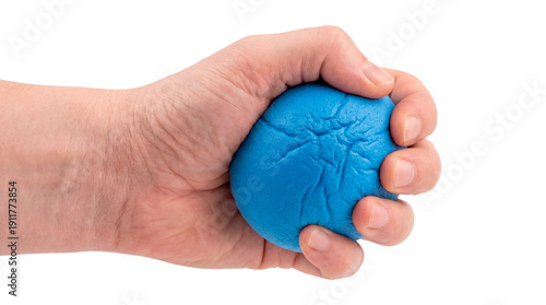 A hand firmly gripping a soft blue stress ball, symbolizing the act of managing stress