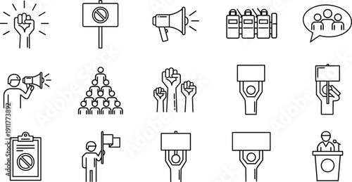 Protest and public demonstration line icon set featuring activists with megaphones, raised fists, picket signs, riot police shields, and political speech podium silhouettes