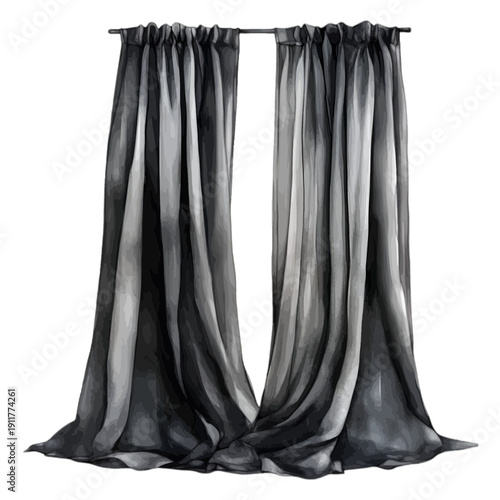 Black Watercolor Sheer Curtains with Elegant Draping and Rod Isolated