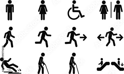Public signage and accessibility pictogram icons set, restroom wheelchair walking running direction symbols, safety guidance and navigation elements, black silhouette vector illustration