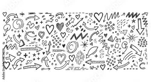 Vector illustration of a doodle set with hearts, stars, arrows, and other decorative elements on a white background