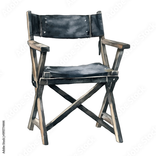 Vintage Watercolor Movie Director Chair with Black Fabric and Wooden Frame
