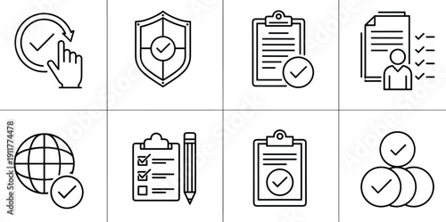 Quality assurance and compliance icon set featuring check marks, shield protection, document verification, global standards, clipboard checklists, and professional approval symbols for business.