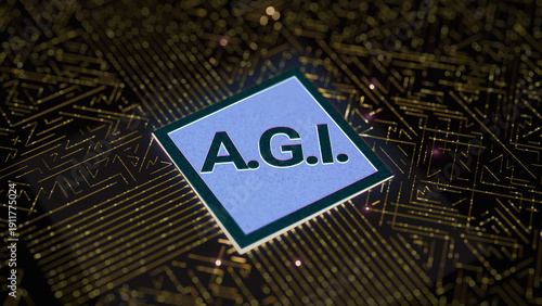 AGI chip Artificial general intelligence motherboard hardware in a printed circuit 3D render