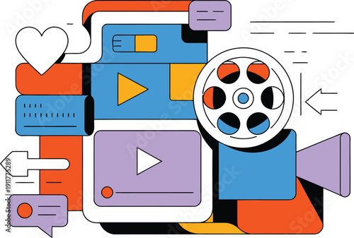 Abstract Film Production Machine with Reel and Geometric Shapes Vector