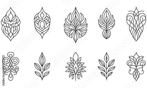 Collection of elegant black and white floral designs showcasing various leaf and flower patterns in a simple yet sophisticated style perfect for decoration or tattoo inspiration.