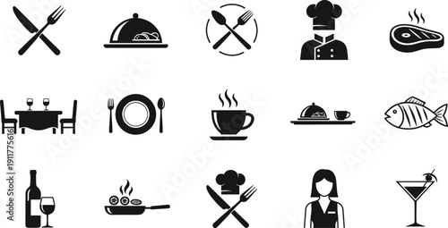 Restaurant and food service icons set, dining cooking chef menu beverage tableware symbols, minimal black vector illustration for cafe hospitality branding and menu design