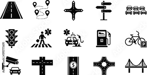 Road transportation and traffic infrastructure icon set featuring highway route, navigation map pins, gas station, traffic light, bridge, toll road, and vehicle symbols.