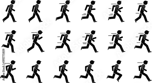Running man silhouette icon sequence set, backpack traveler motion poses, walking jogging sprinting 