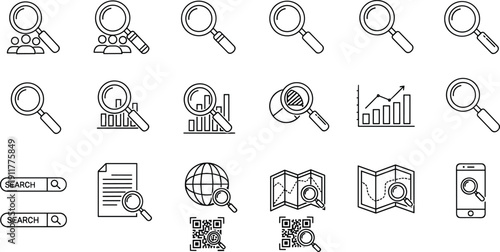 Search and analytics icons set, magnifying glass symbols for data analysis, SEO research, web browsing, digital marketing, statistics, flat line vector illustration