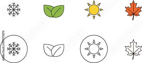 Seasonal nature icons set, winter snowflake spring leaves summer sun autumn maple leaf, minimal vector symbols for weather, ecology, design projects, illustration
