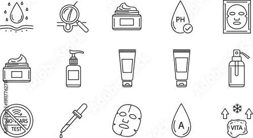 Skincare and beauty line icons set, cosmetic cream, serum dropper, face mask, pH balance, vitamin care, cruelty free, moisturizing, dermatology, outline vector illustration