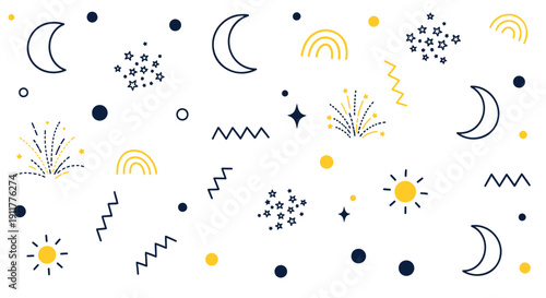 A whimsical vector illustration of celestial bodies and abstract shapes in navy blue and yellow on a white background