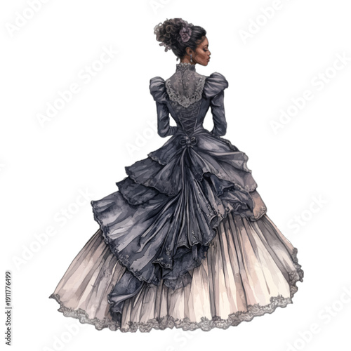 Victorian Gothic Woman in Black Lace Gown with Tiered Ruffled Skirt