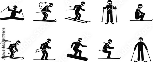 Skiing and snowboarding action icons set, winter sports silhouettes, downhill freestyle athletes, extreme outdoor activity, flat black vector illustration for tourism, fitness, adventure design