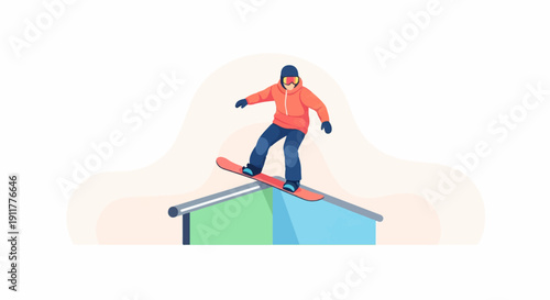 Snowboarder performing trick on rail with colored background elements
