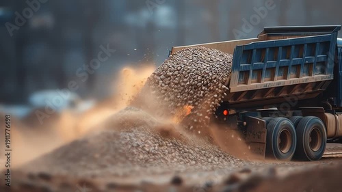 Dump Truck Unloading Gravel at Construction Site