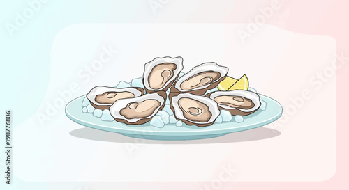 Six fresh oysters served on ice with lemon slices on a light blue plate